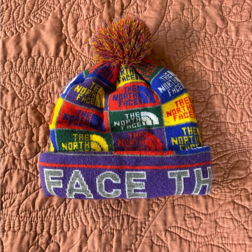 The North Face Multicolor Patchwork Logo Pom Beanie - Purple Trim